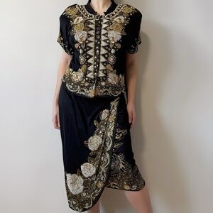 Vintage 2 piece Skirt Set Beaded Short Sleeve Shirt + Wrap Midi Skirt